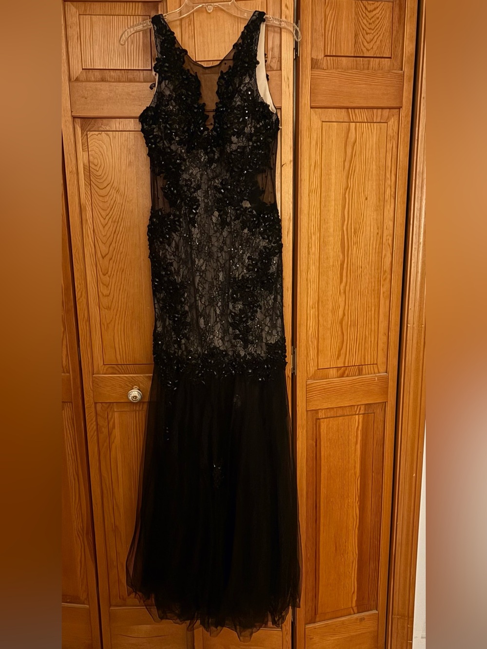 Dave & Johnny Black Mesh Embellished Evening Gown